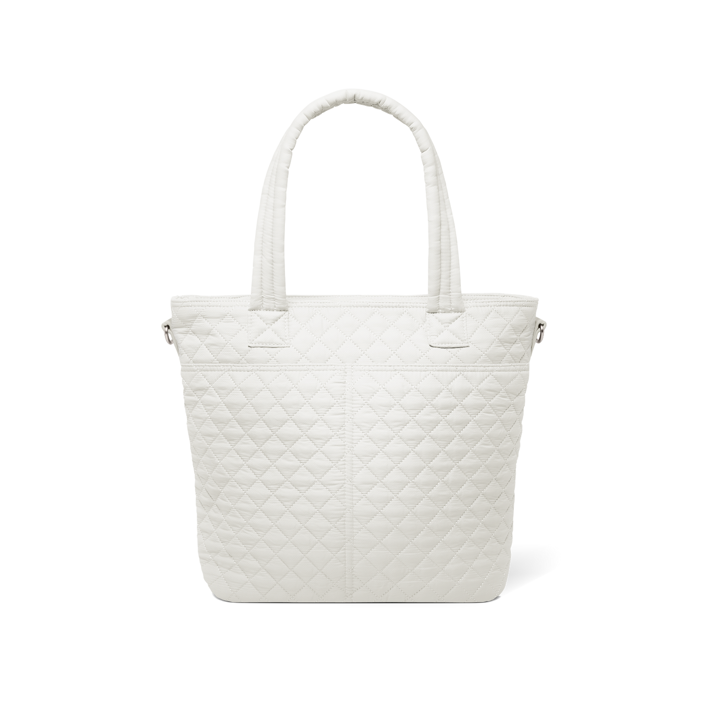 White canvas tote bag shown from the back, displaying a minimalist design with reinforced handles and structured shape against a neutral white background.