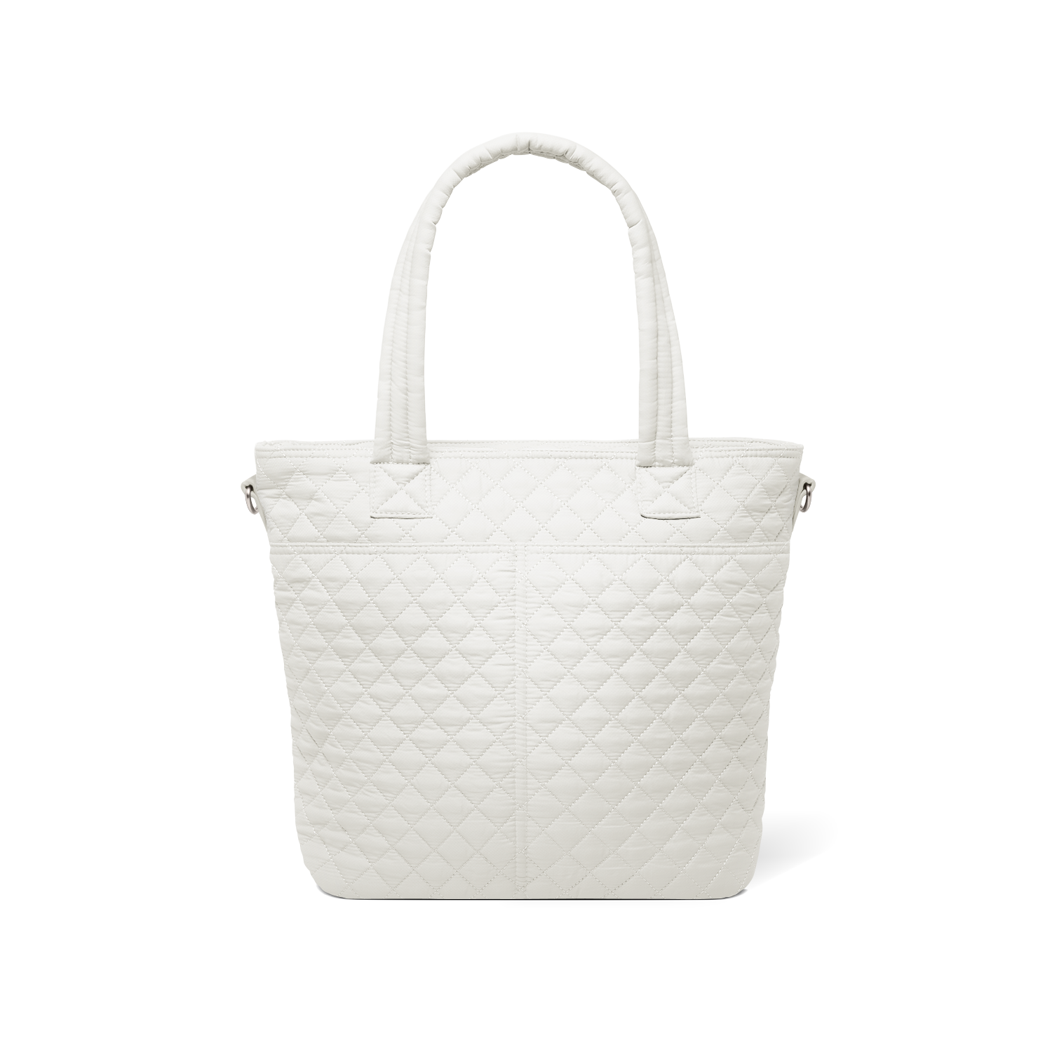 White canvas tote bag shown from the back, displaying a minimalist design with reinforced handles and structured shape against a neutral white background.