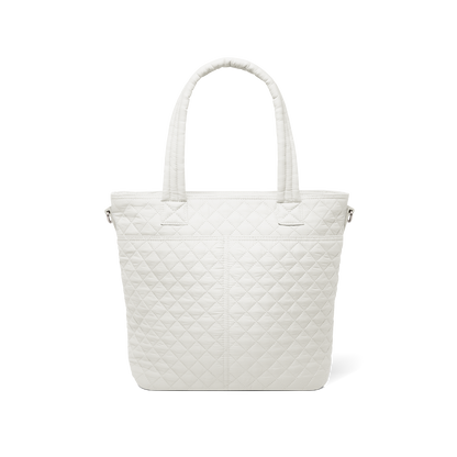 White canvas tote bag shown from the back, displaying a minimalist design with reinforced handles and structured shape against a neutral white background.