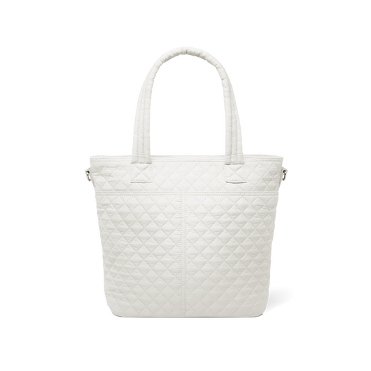 White canvas tote bag shown from the back, displaying a minimalist design with reinforced handles and structured shape against a neutral white background.