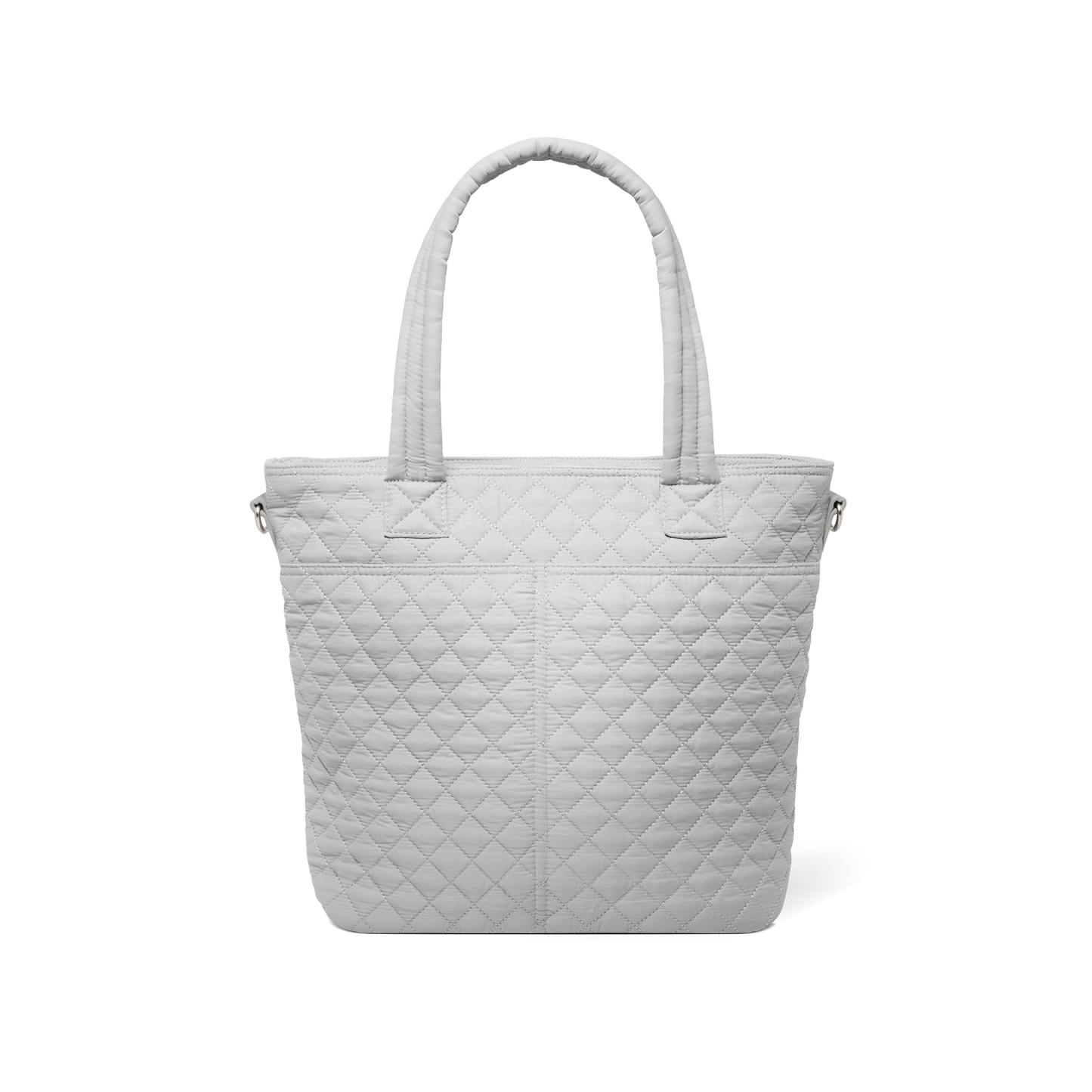 Back view of pale gray quilted tote bag with soft texture against white background, showing quilted pattern and design details from rear perspective.