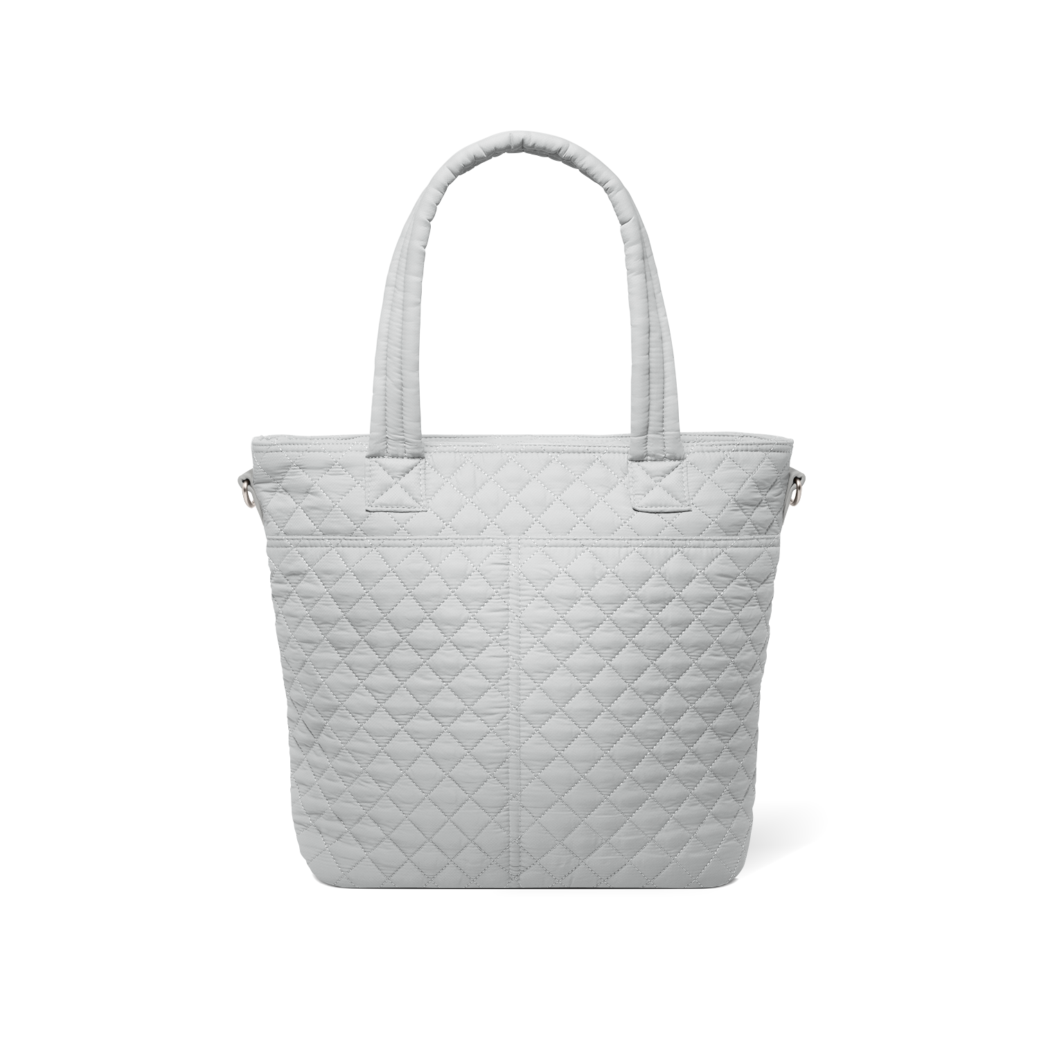 Back view of pale gray quilted tote bag with soft texture against white background, showing quilted pattern and design details from rear perspective.