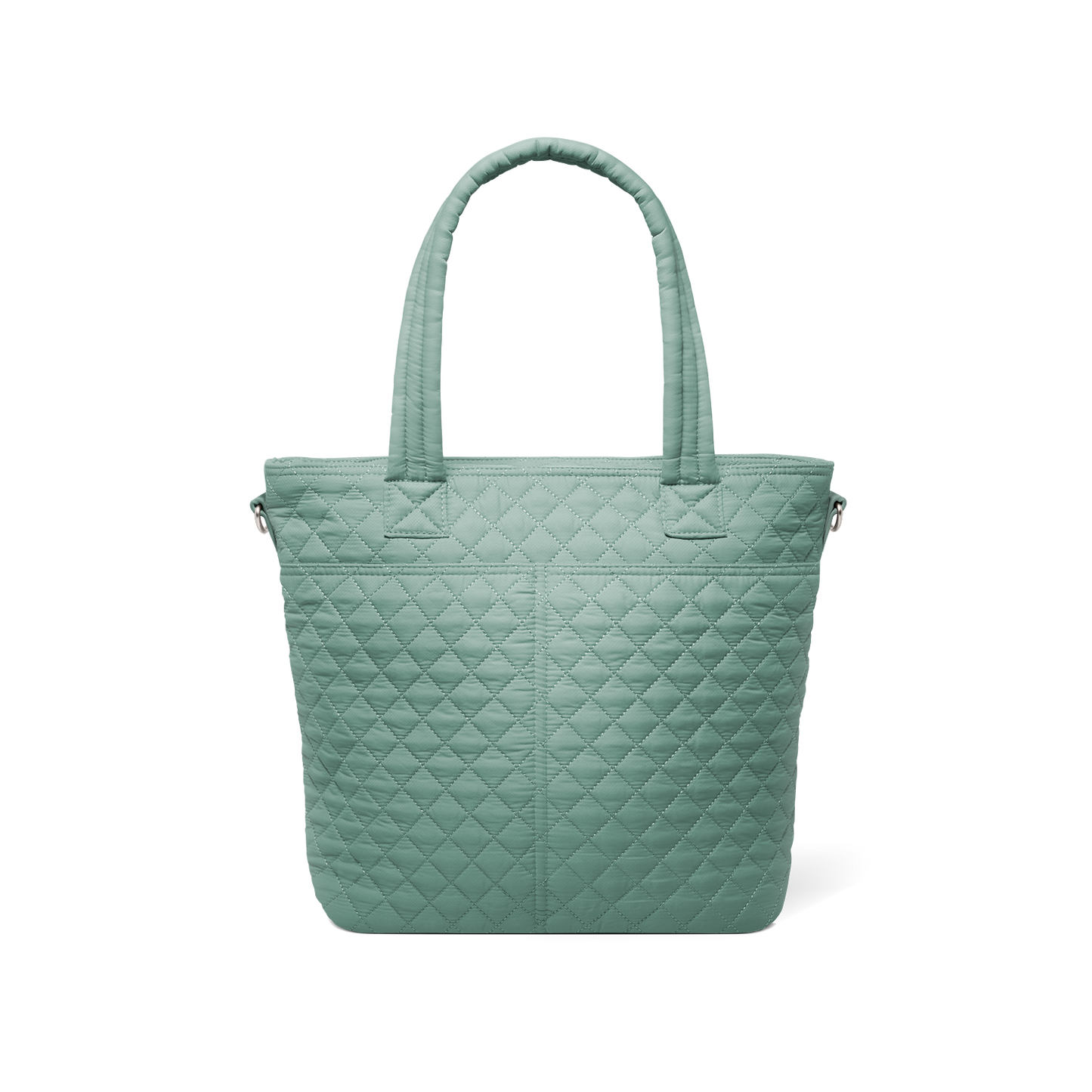 Soft sage green muted celadon tote bag displayed from back view against white background