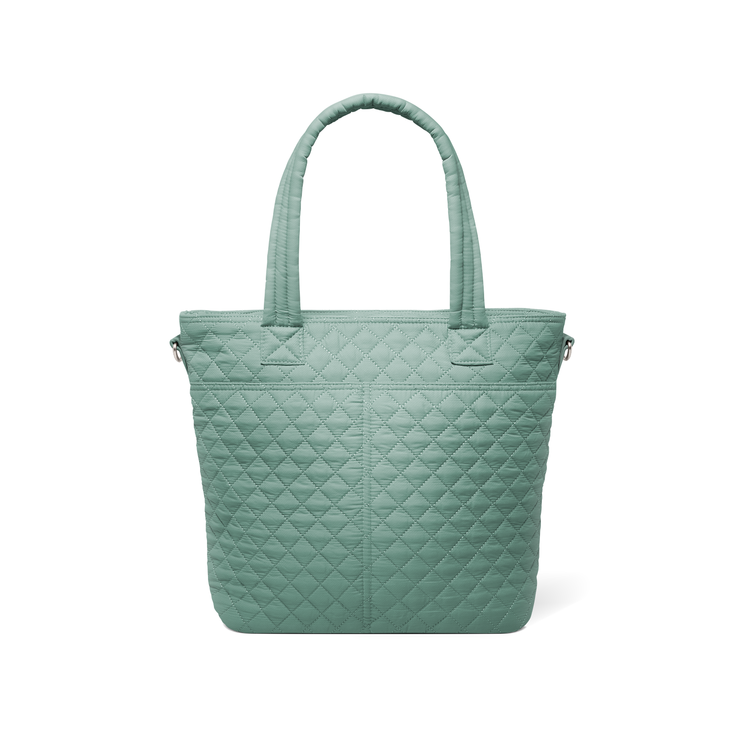 Soft sage green muted celadon tote bag displayed from back view against white background