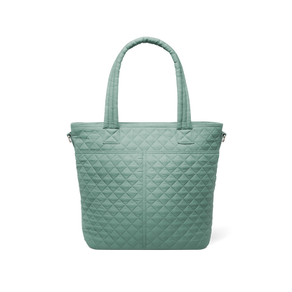 Soft sage green muted celadon tote bag displayed from back view against white background