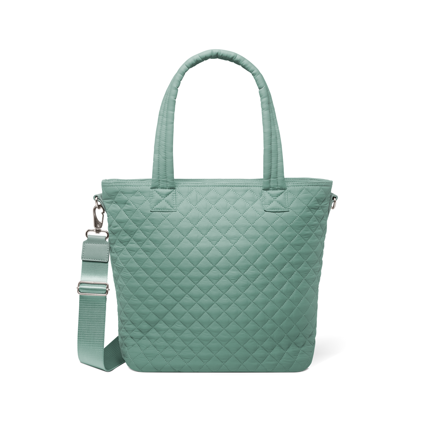 Sage green quilted tote bag with dual handles and detachable shoulder strap, front view
