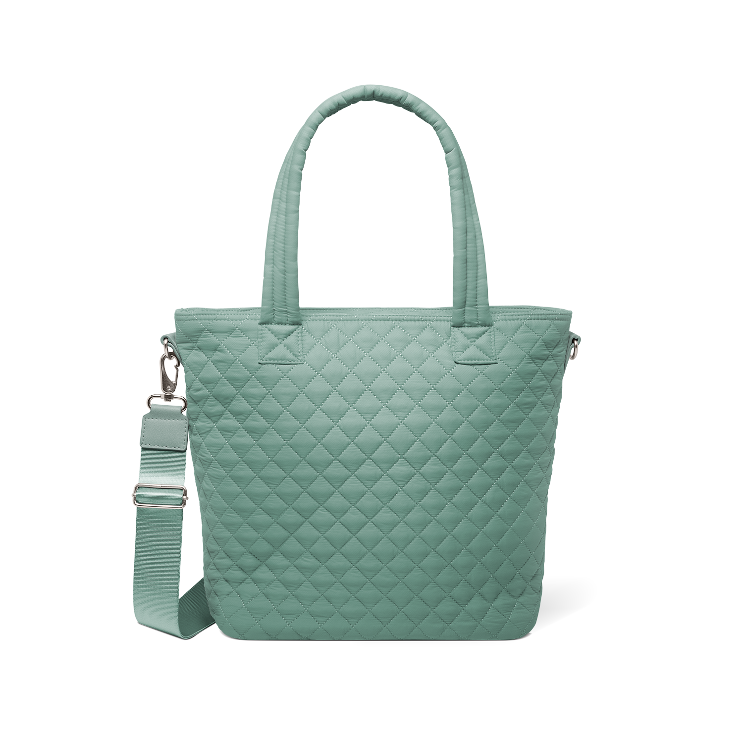 Sage green quilted tote bag with dual handles and detachable shoulder strap, front view