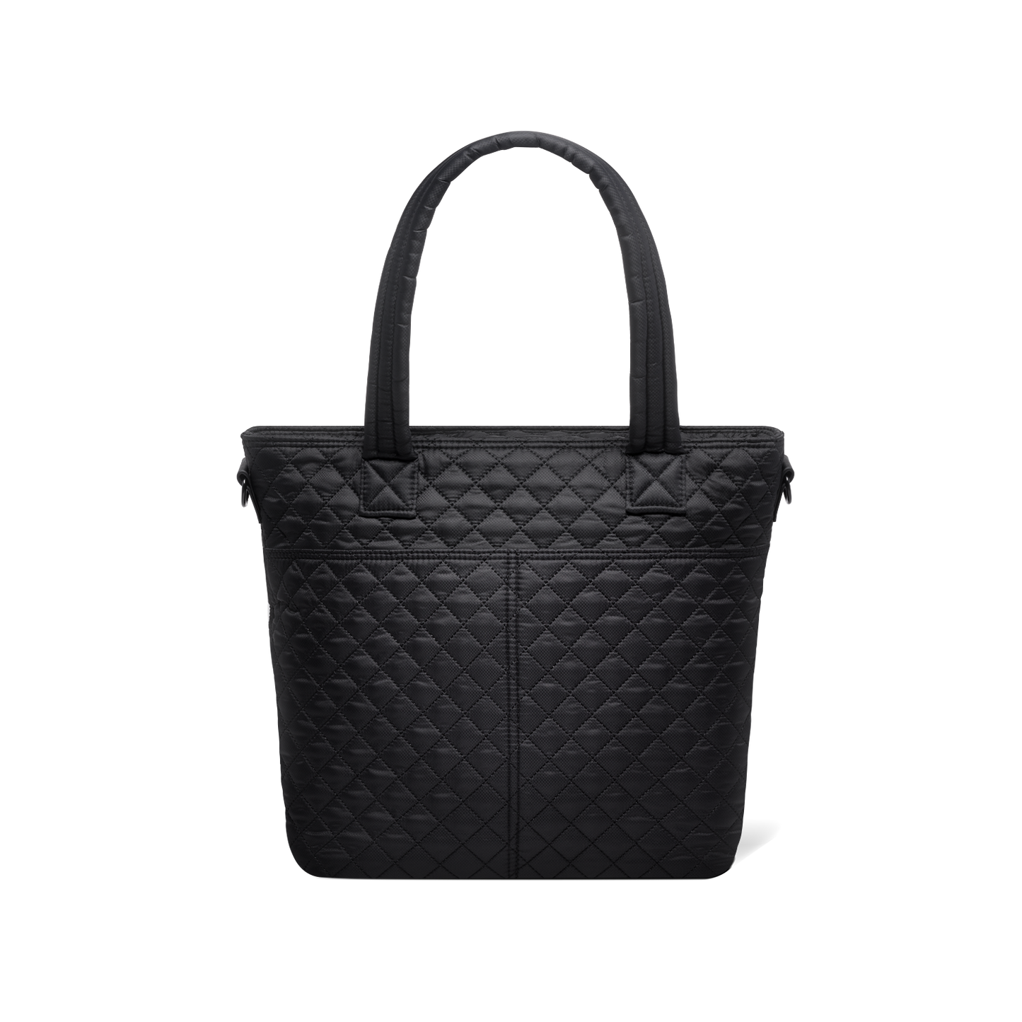 Black quilted tote bag with handles, shown from back view against white background