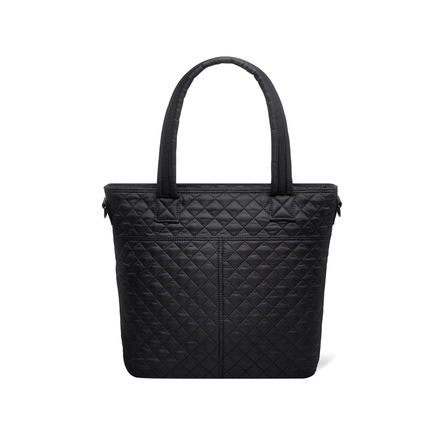 Black quilted tote bag with handles, shown from back view against white background
