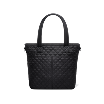 Black quilted tote bag with handles, shown from back view against white background