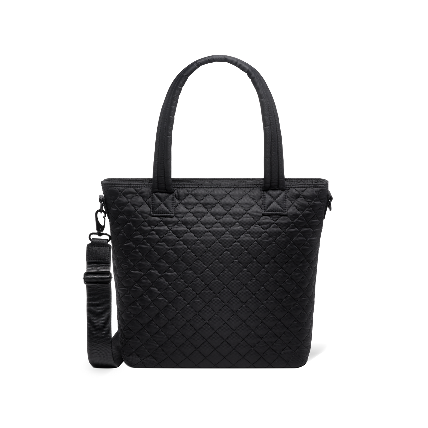 Black tote bag with charcoal tones, dual handles, and detachable shoulder strap displayed against a white background
