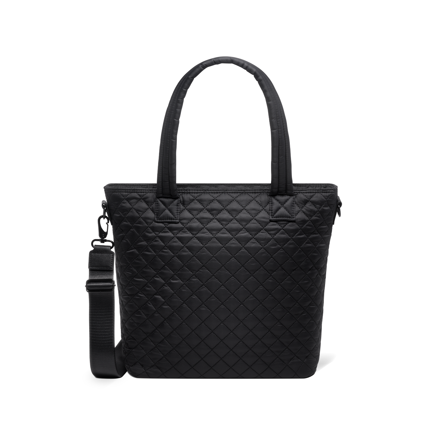 Black tote bag with charcoal tones, dual handles, and detachable shoulder strap displayed against a white background