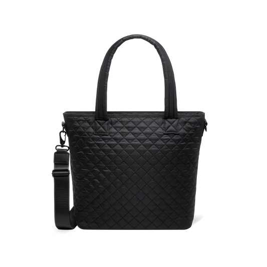 Black tote bag with charcoal tones, dual handles, and detachable shoulder strap displayed against a white background