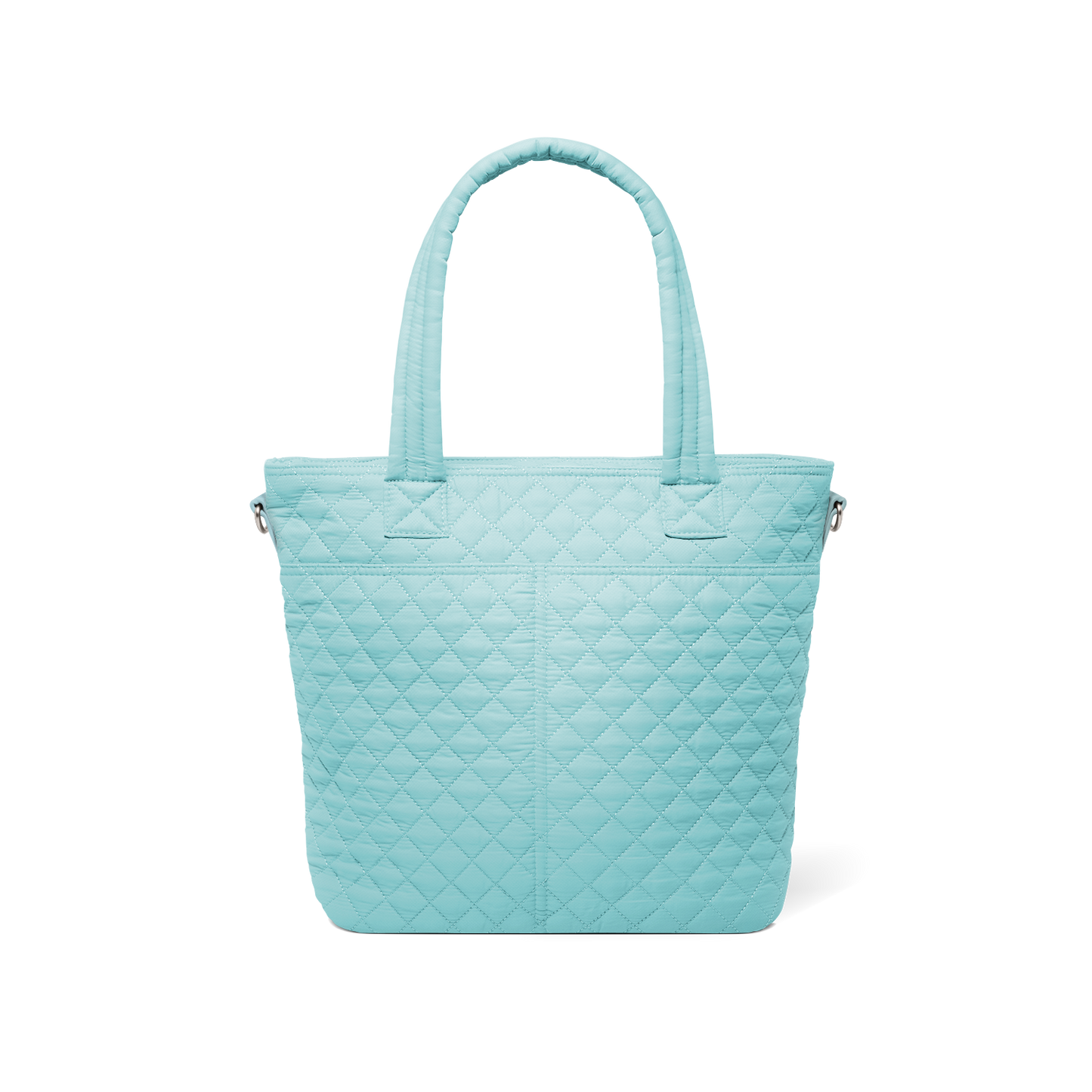 Pale turquoise quilted tote bag with diamond pattern design, shown from back view against white background