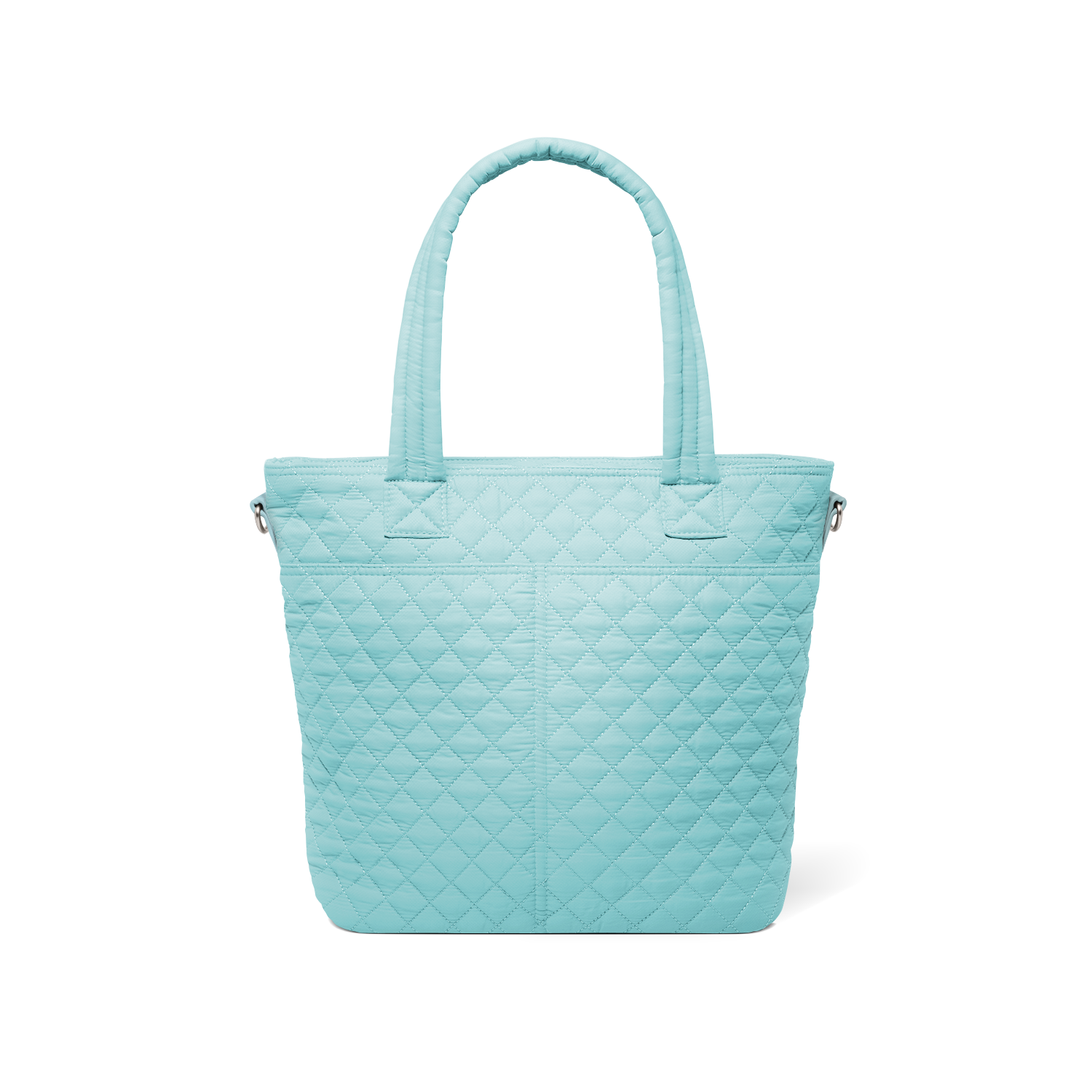 Pale turquoise quilted tote bag with diamond pattern design, shown from back view against white background