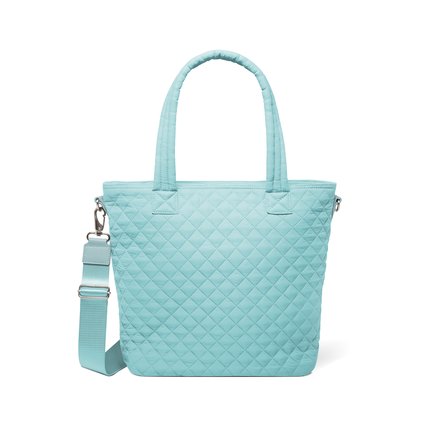 Soft aqua mint green tote bag with silver metal hardware and handles, front view