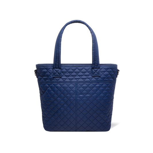 Navy blue tote bag back view on white background
