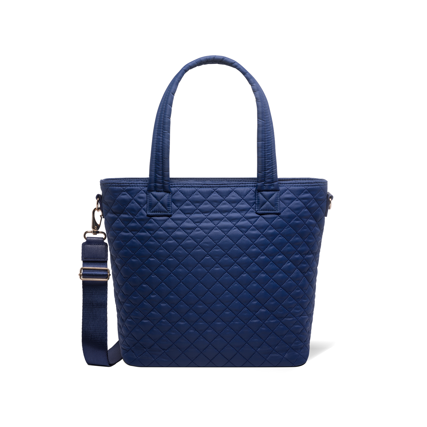 Navy blue tote bag with carabiner clip and metal hardware accents on shoulder strap