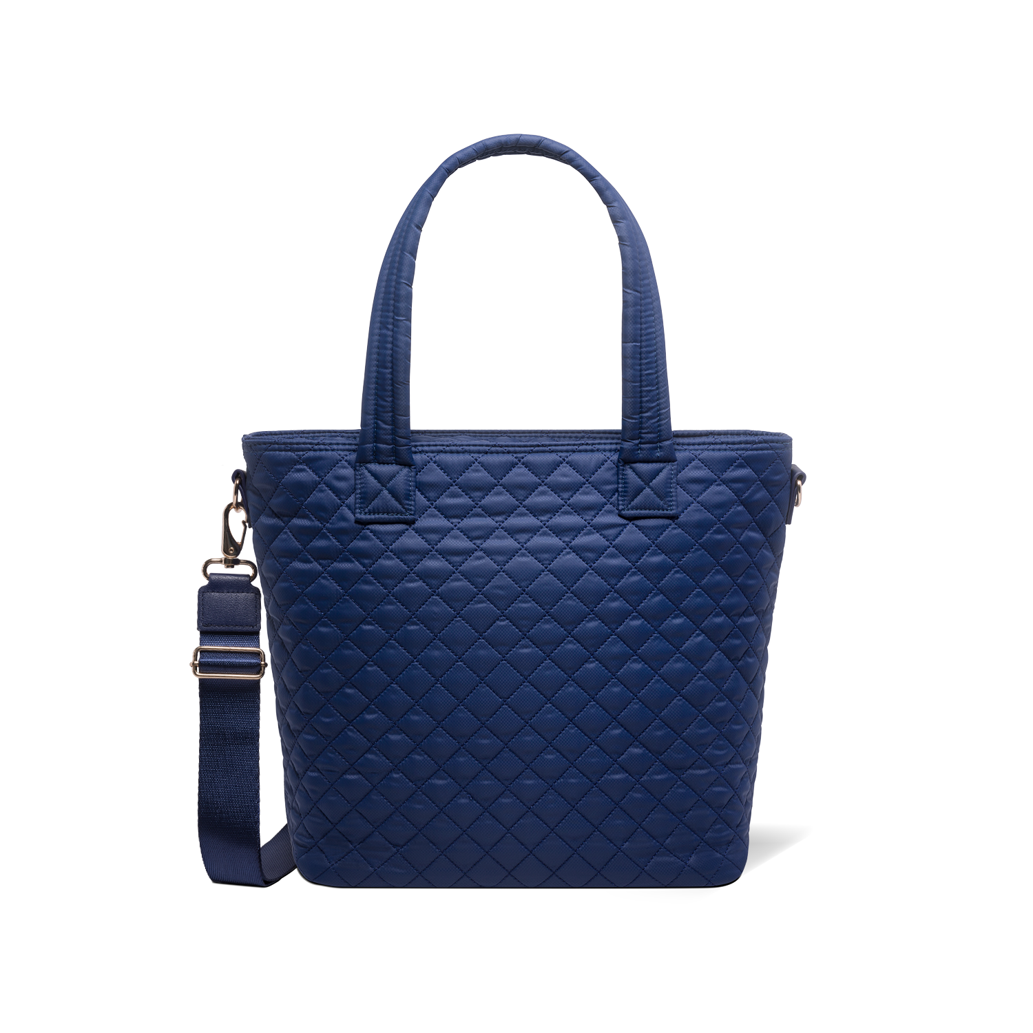 Navy blue tote bag with carabiner clip and metal hardware accents on shoulder strap