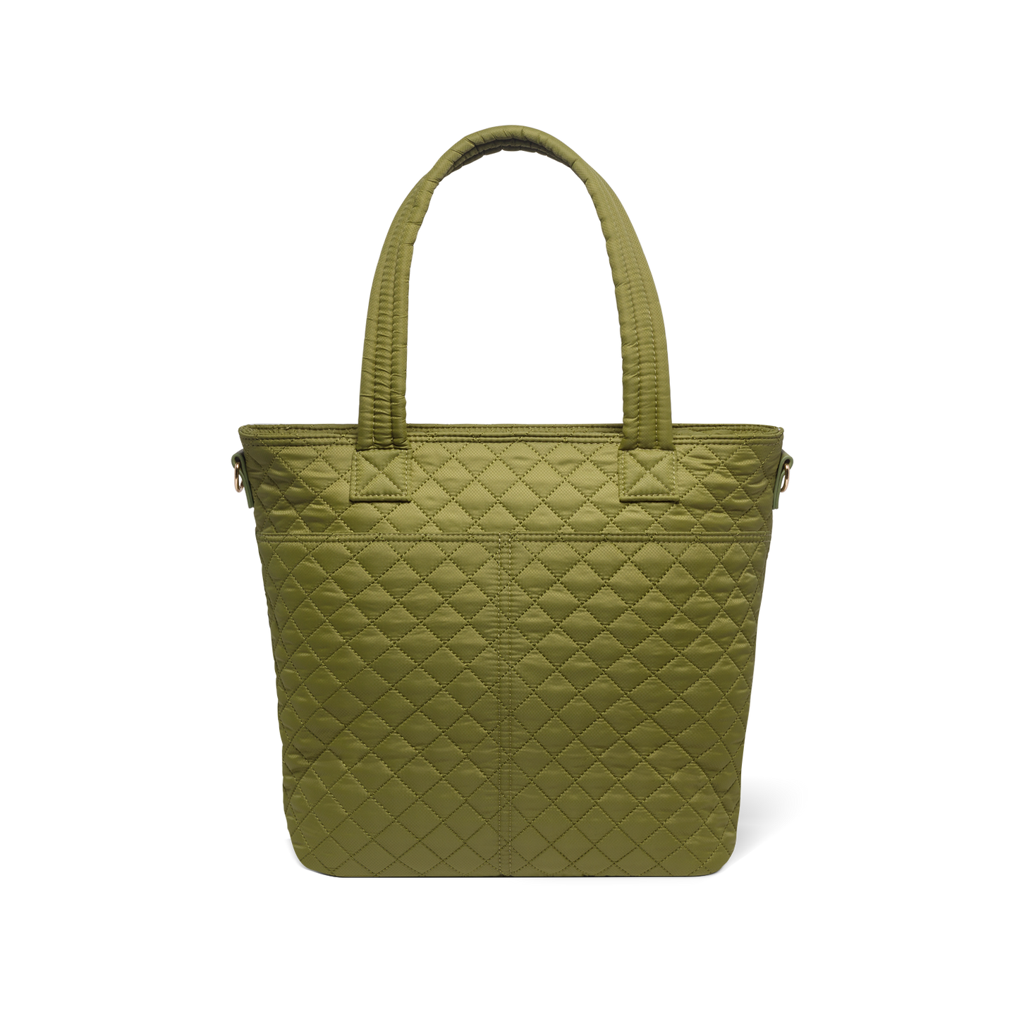 Olive-green canvas bag shown from back view, featuring muted sage tone with warm undertones, visible handles and structural seams