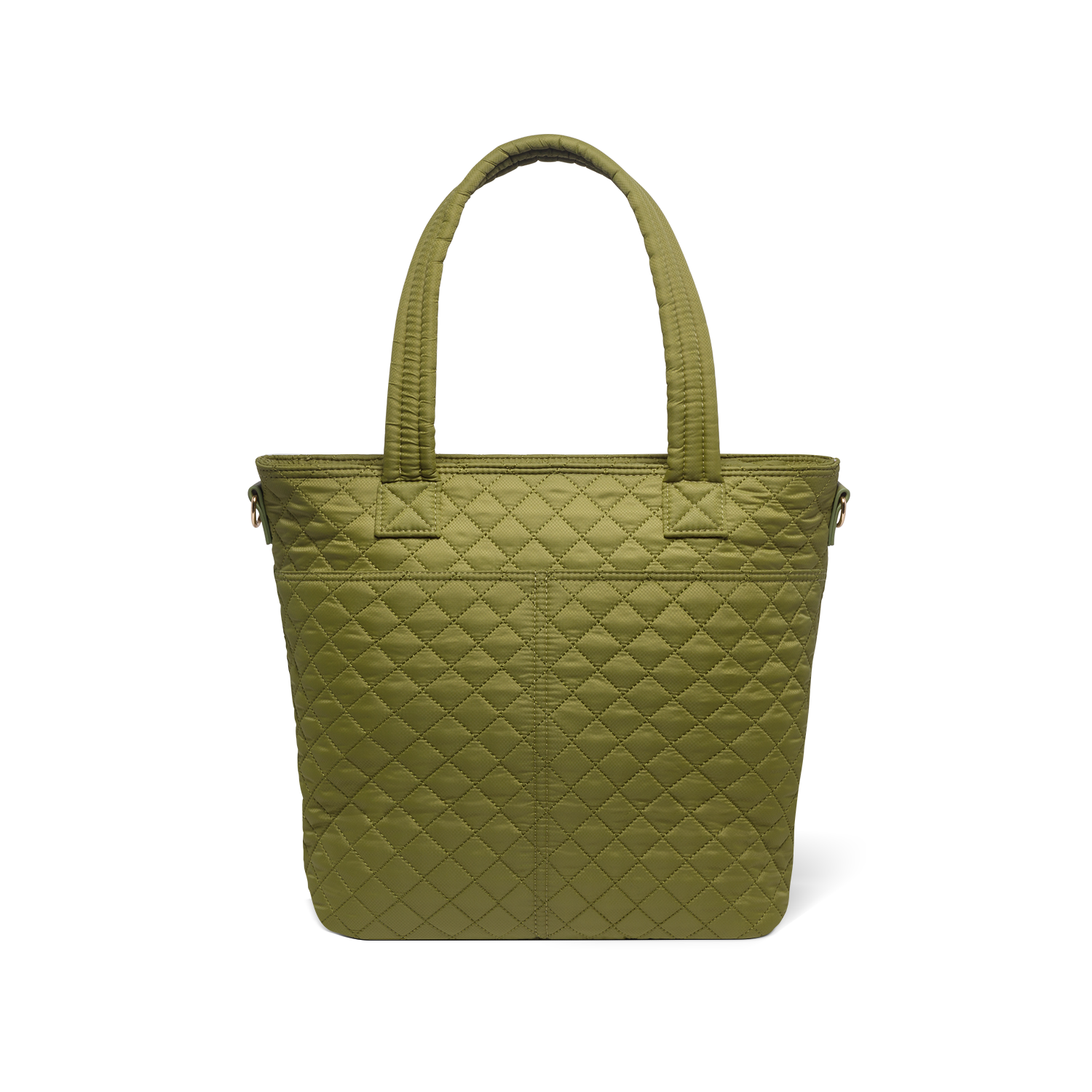 Olive-green canvas bag shown from back view, featuring muted sage tone with warm undertones, visible handles and structural seams
