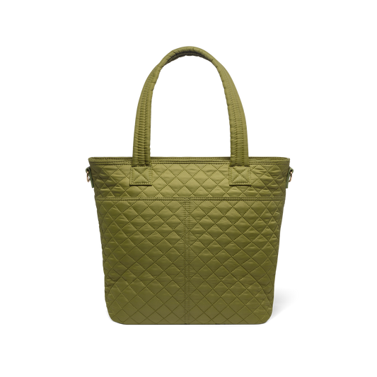 Olive-green canvas bag shown from back view, featuring muted sage tone with warm undertones, visible handles and structural seams
