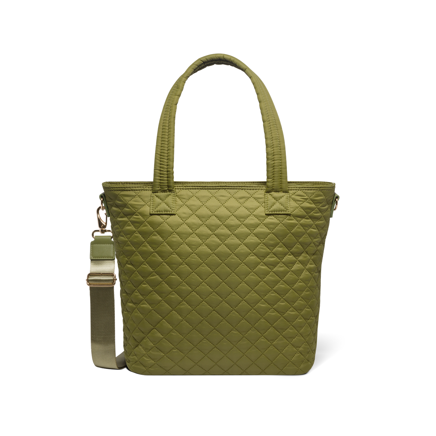 Olive-green quilted shoulder bag with brushed gold hardware, front view on white background