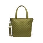 Olive-green quilted shoulder bag with brushed gold hardware, front view on white background