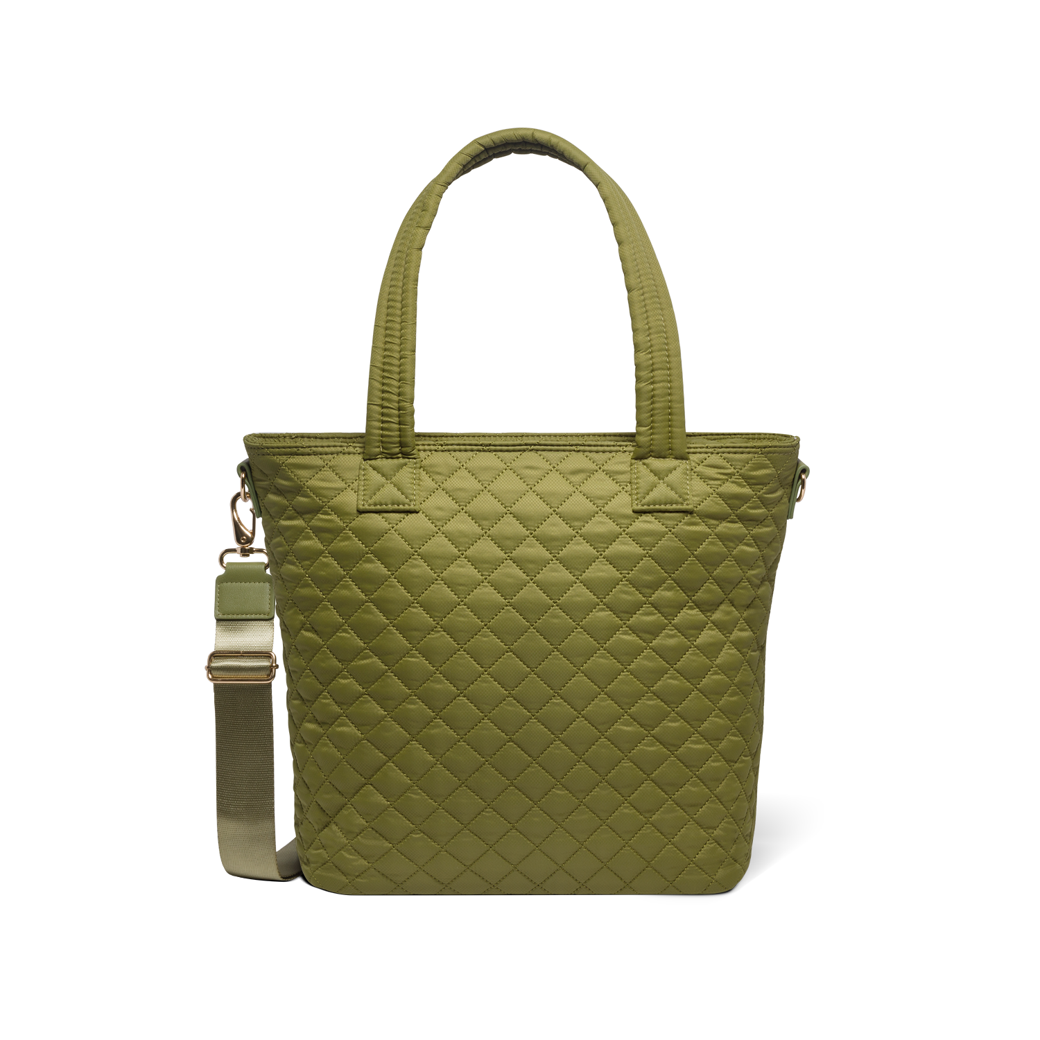 Olive-green quilted shoulder bag with brushed gold hardware, front view on white background