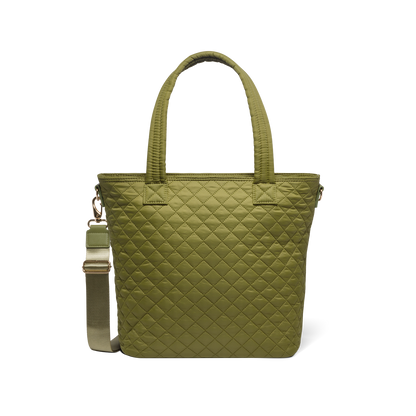 Olive-green quilted shoulder bag with brushed gold hardware, front view on white background
