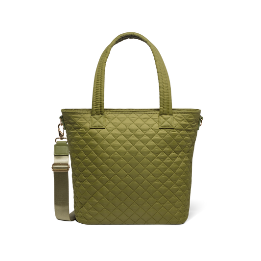 Olive-green quilted shoulder bag with brushed gold hardware, front view on white background