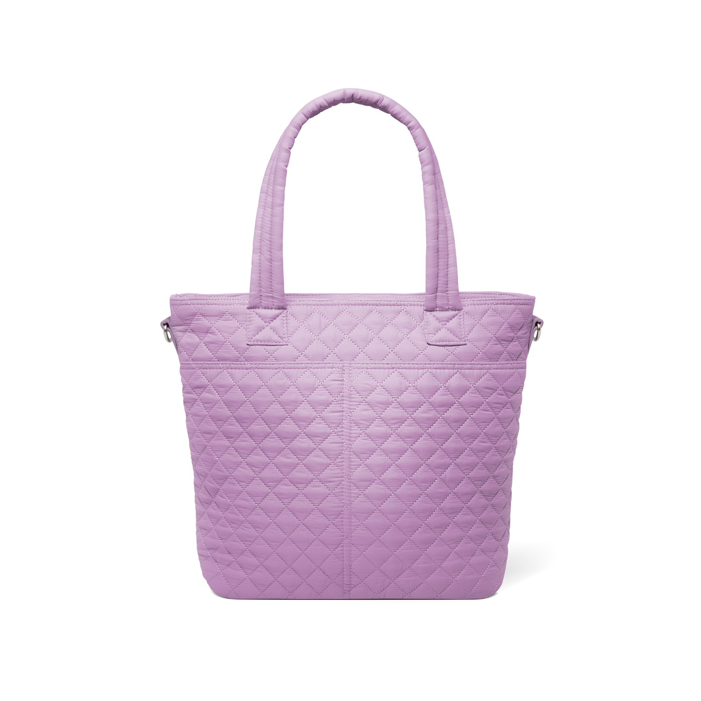 Soft mauve quilted tote bag shown from back view against white background, featuring quilted texture throughout and handles.