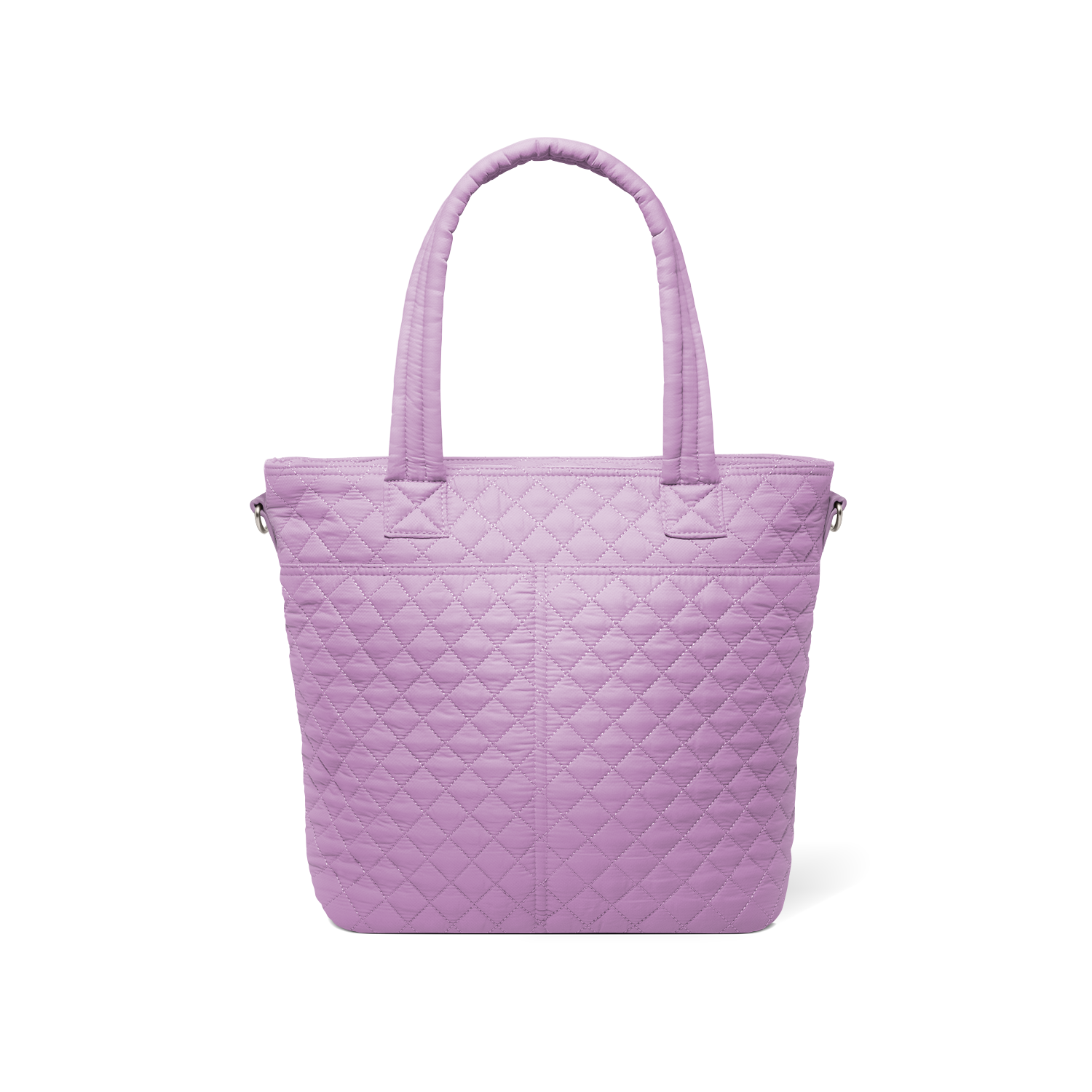 Soft mauve quilted tote bag shown from back view against white background, featuring quilted texture throughout and handles.