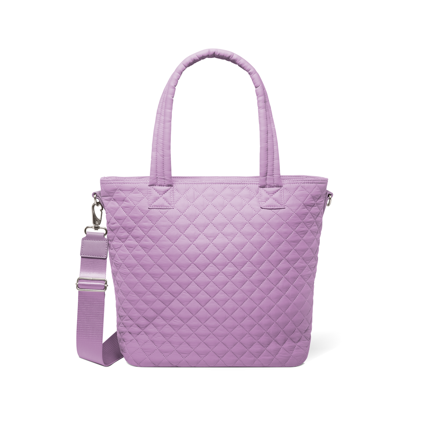Lavender purple tote bag with brushed metal hardware and shoulder strap buckles, front view