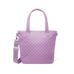 Lavender purple tote bag with brushed metal hardware and shoulder strap buckles, front view