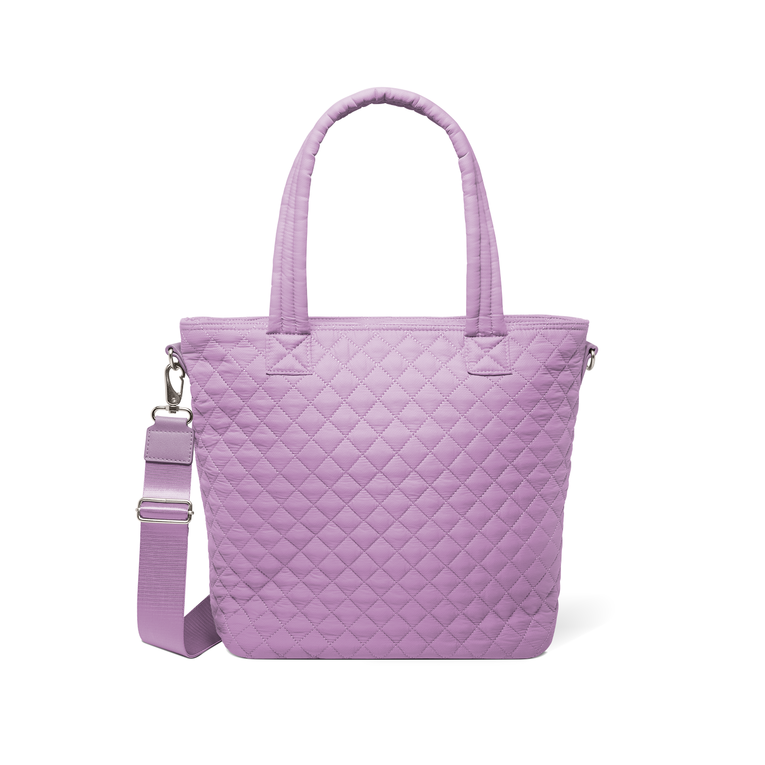 Lavender purple tote bag with brushed metal hardware and shoulder strap buckles, front view