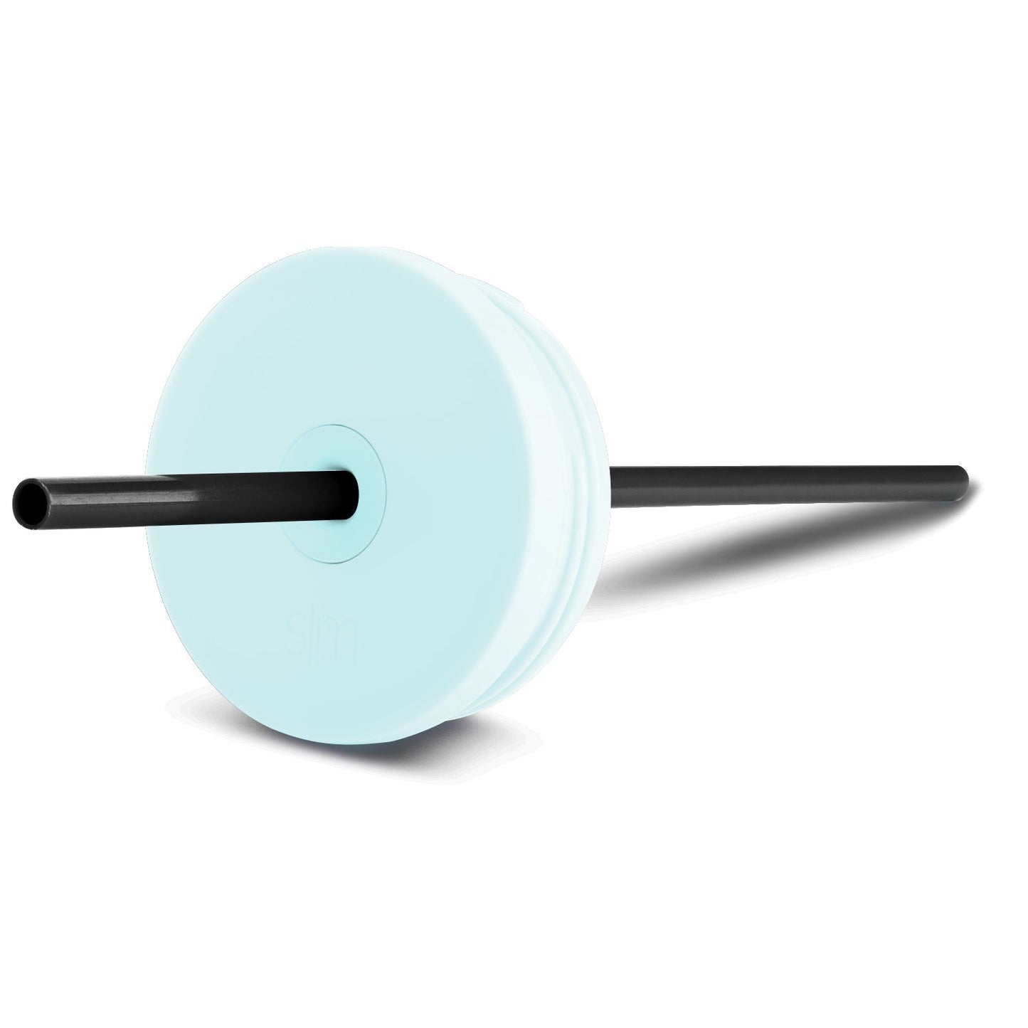 Seafoam blue lid with deep black straw on white background