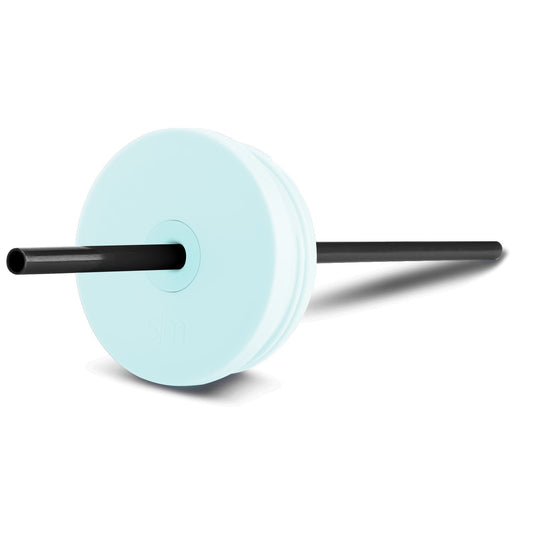 Seafoam blue lid with deep black straw on white background
