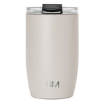 Cream-colored insulated tumbler with black lid and clear transparent side panels