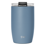 Slate blue insulated tumbler with black handle and clear glass rim, viewed from front angle