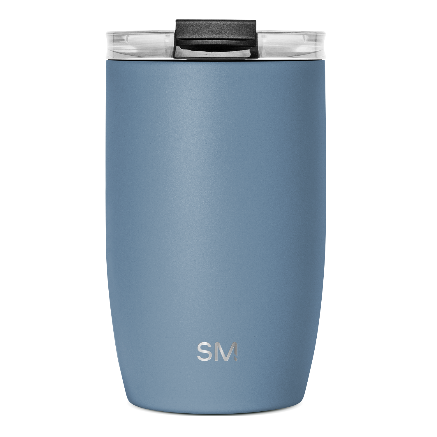 Slate blue insulated tumbler with black handle and clear glass rim, viewed from front angle