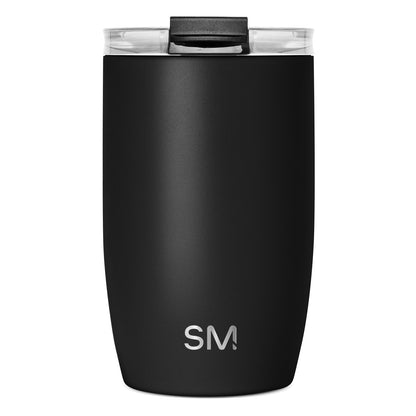 Black insulated tumbler with cylindrical shape and tapered bottom, matte powder-coated finish, displayed against white background.