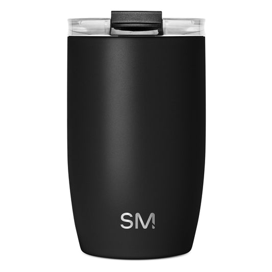 Black insulated tumbler with cylindrical shape and tapered bottom, matte powder-coated finish, displayed against white background.