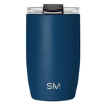 Deep teal cylindrical tumbler with clear glass rim and black accents, displayed against neutral background.