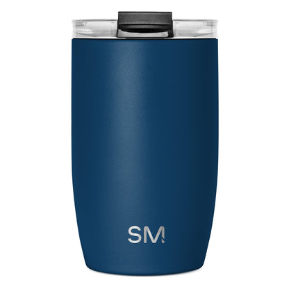 Deep teal cylindrical tumbler with clear glass rim and black accents, displayed against neutral background.