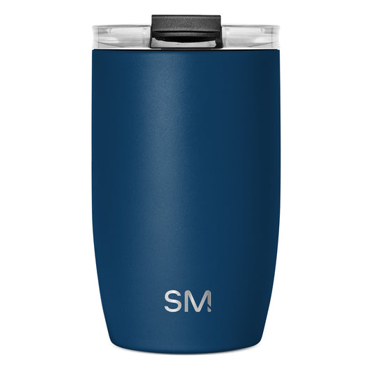 Deep teal cylindrical tumbler with clear glass rim and black accents, displayed against neutral background.