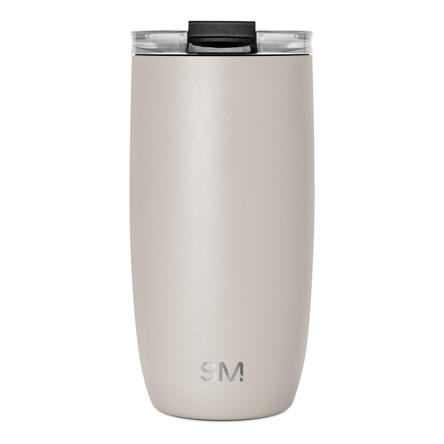 Beige matte tumbler with black rim and clear transparent lid mechanism