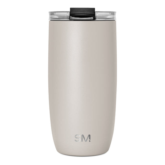 Beige matte tumbler with black rim and clear transparent lid mechanism