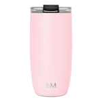 Pale pink insulated tumbler with cylindrical design and matte finish on white background