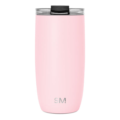 Pale pink insulated tumbler with cylindrical design and matte finish on white background